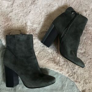 Schutz gray with black chunky heel booties boots